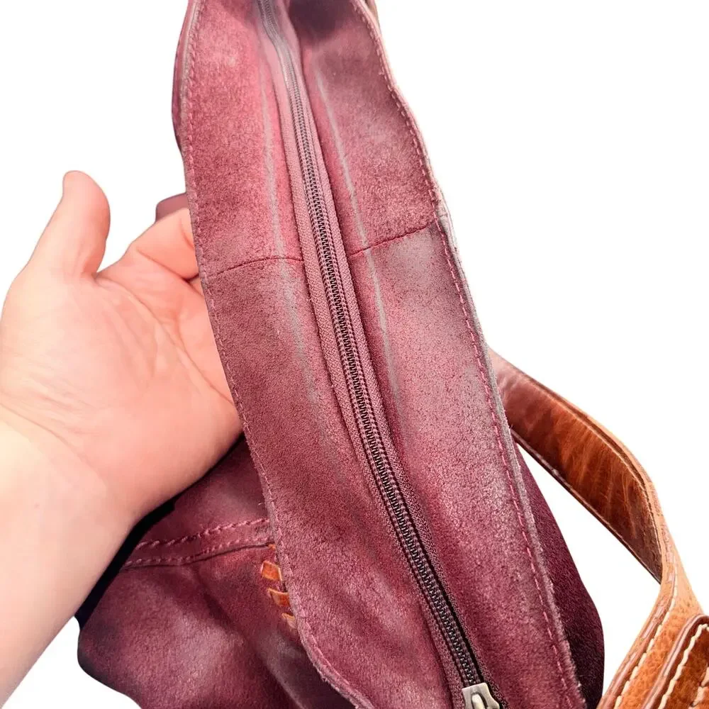Nino Bossi Burgundy Leather Hobo Bag Whipstitch Boho Shoulder Purse